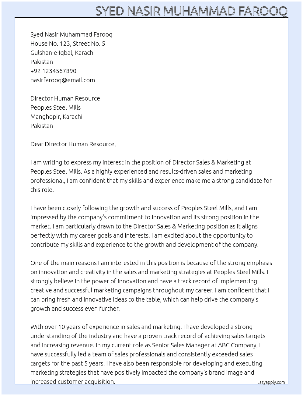 Director Sales & Marketing At Peoples Steel Mills Cover Letter