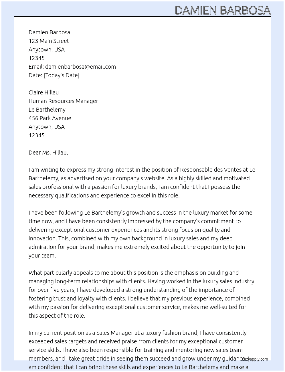 responsable des ventes  At LE BARTHELEMY Cover Letter