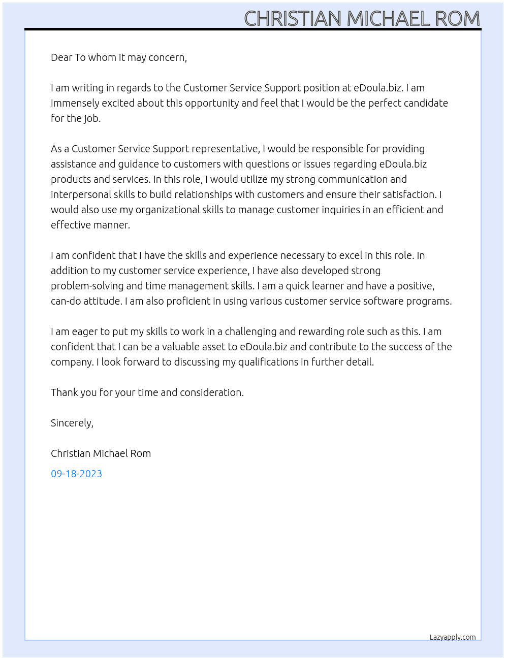 Customer Service Support At eDoula.biz Cover Letter