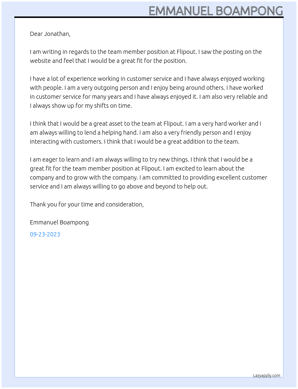 Team member  At Flipout  Cover Letter