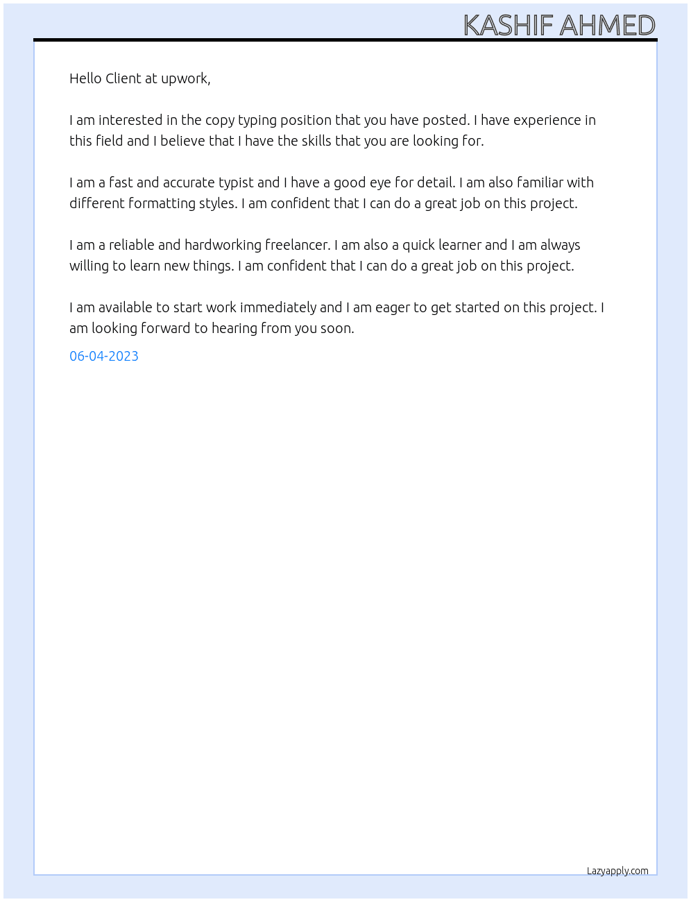 copy typing At client at upwork Cover Letter