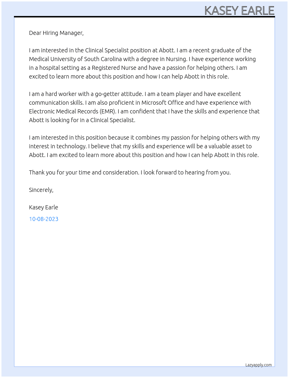 Clinical Specialist At Abott Cover Letter