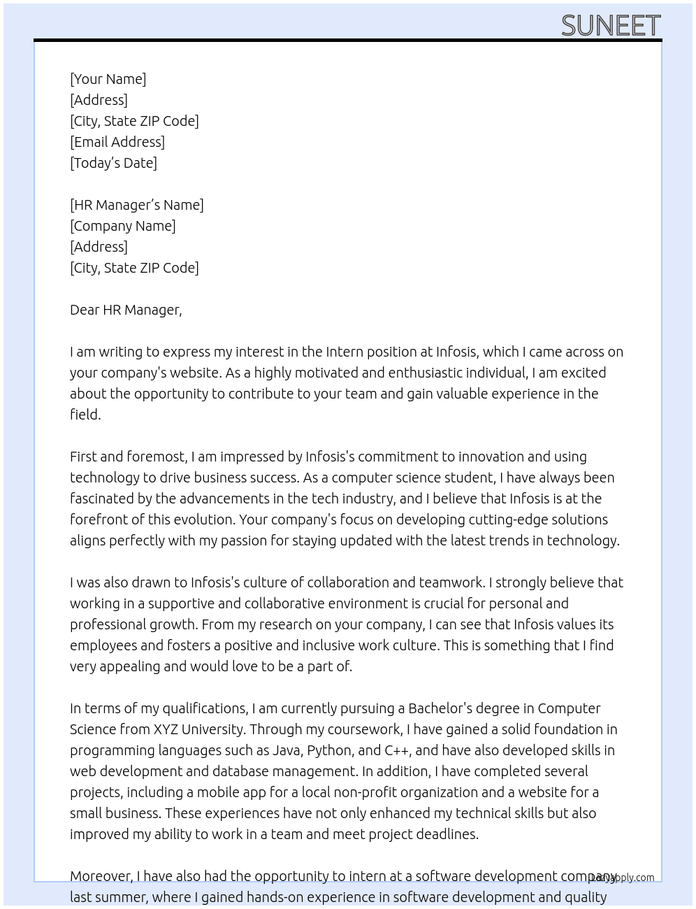 Intern At Infosis Cover Letter
