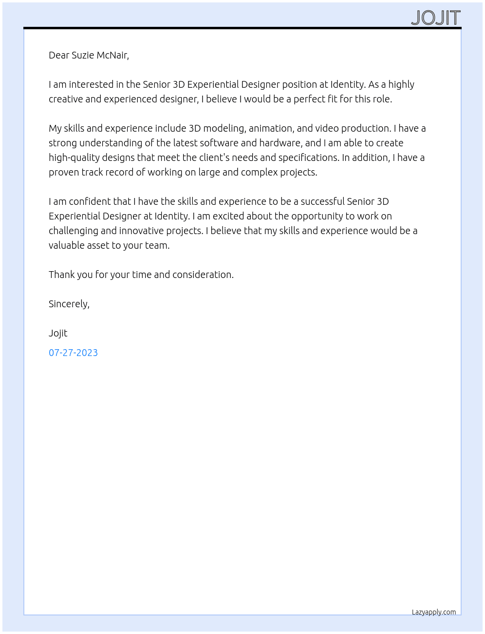 Senior 3D Experiential Designer At Identity Cover Letter