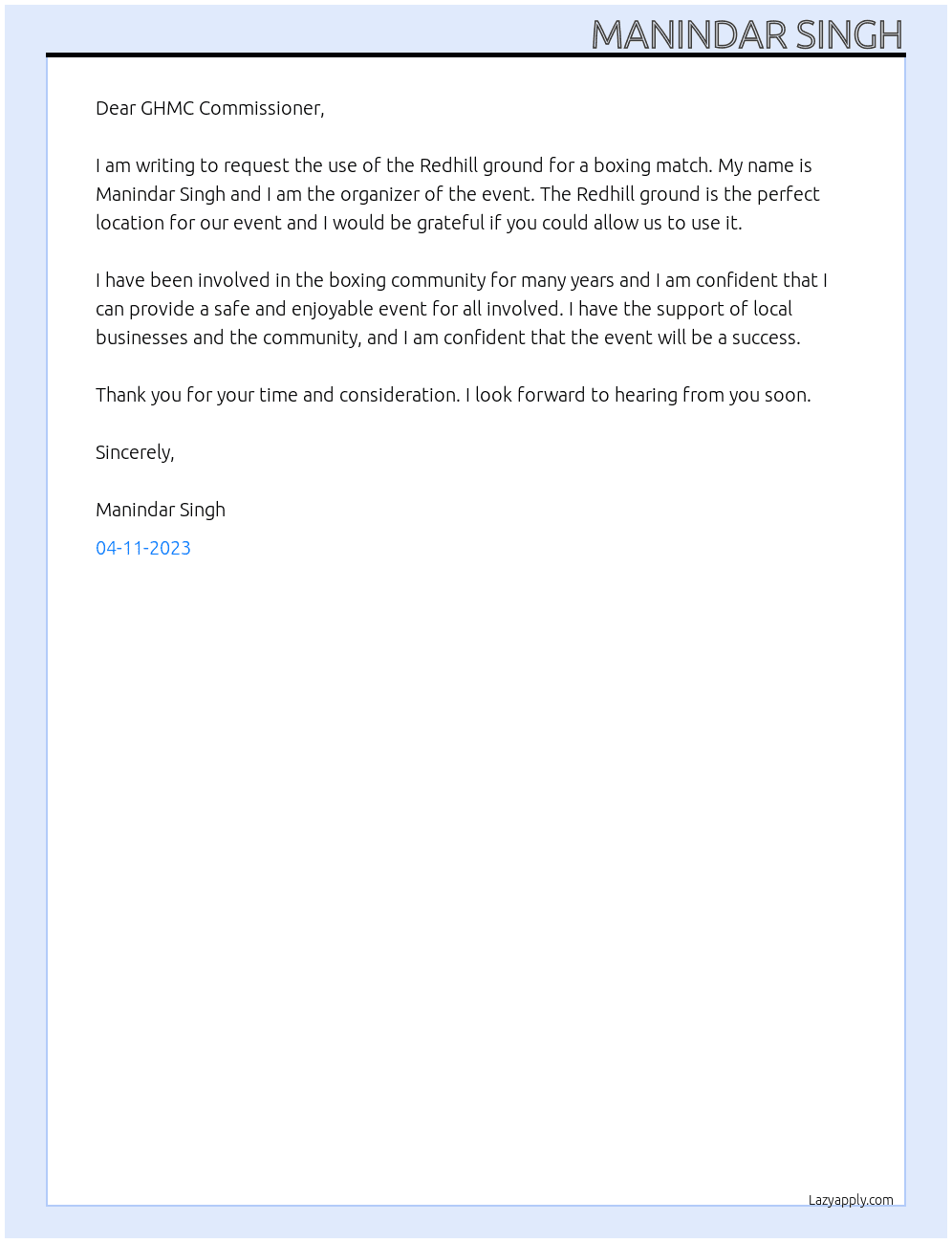 Requesting for Redhill ground for boxing match At Redhills ground Cover Letter