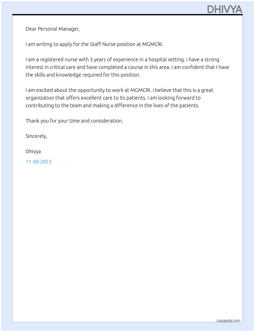 Staff Nurse At MGMCRI Cover Letter