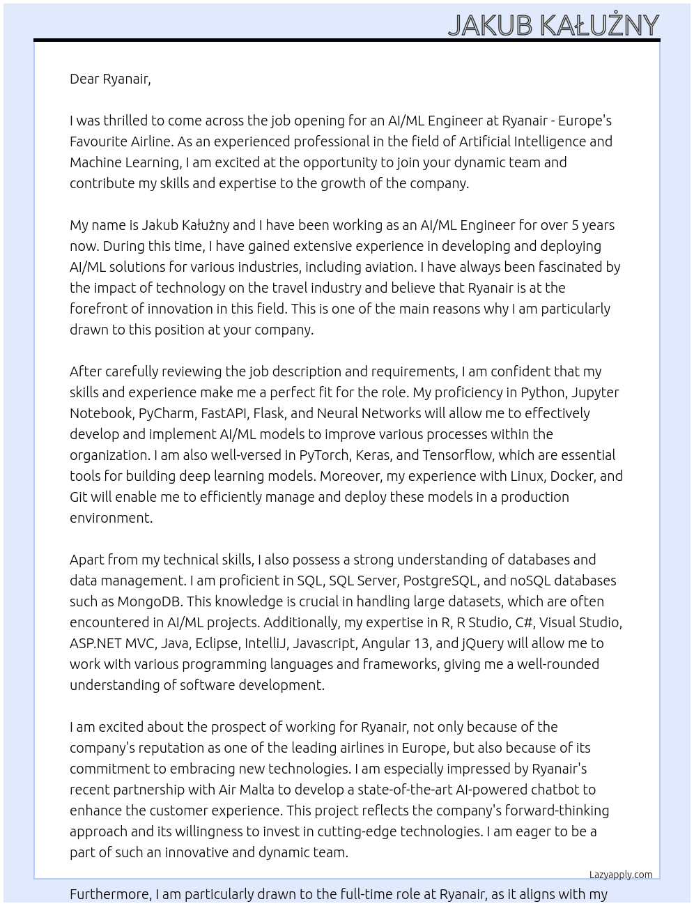 AI/ML Engineer At Ryanair Cover Letter