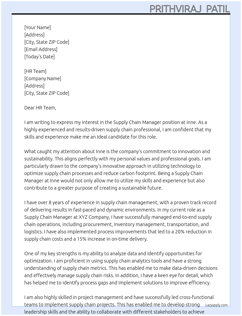 Supply Chain Manager At Inne Cover Letter