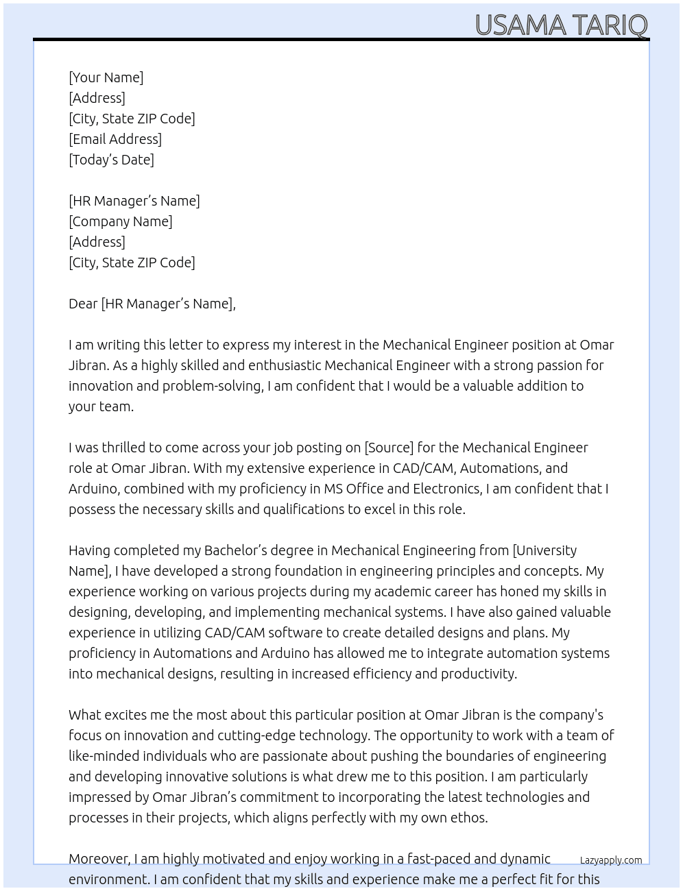 Mechanical Engineer At Omar Jibran Cover Letter