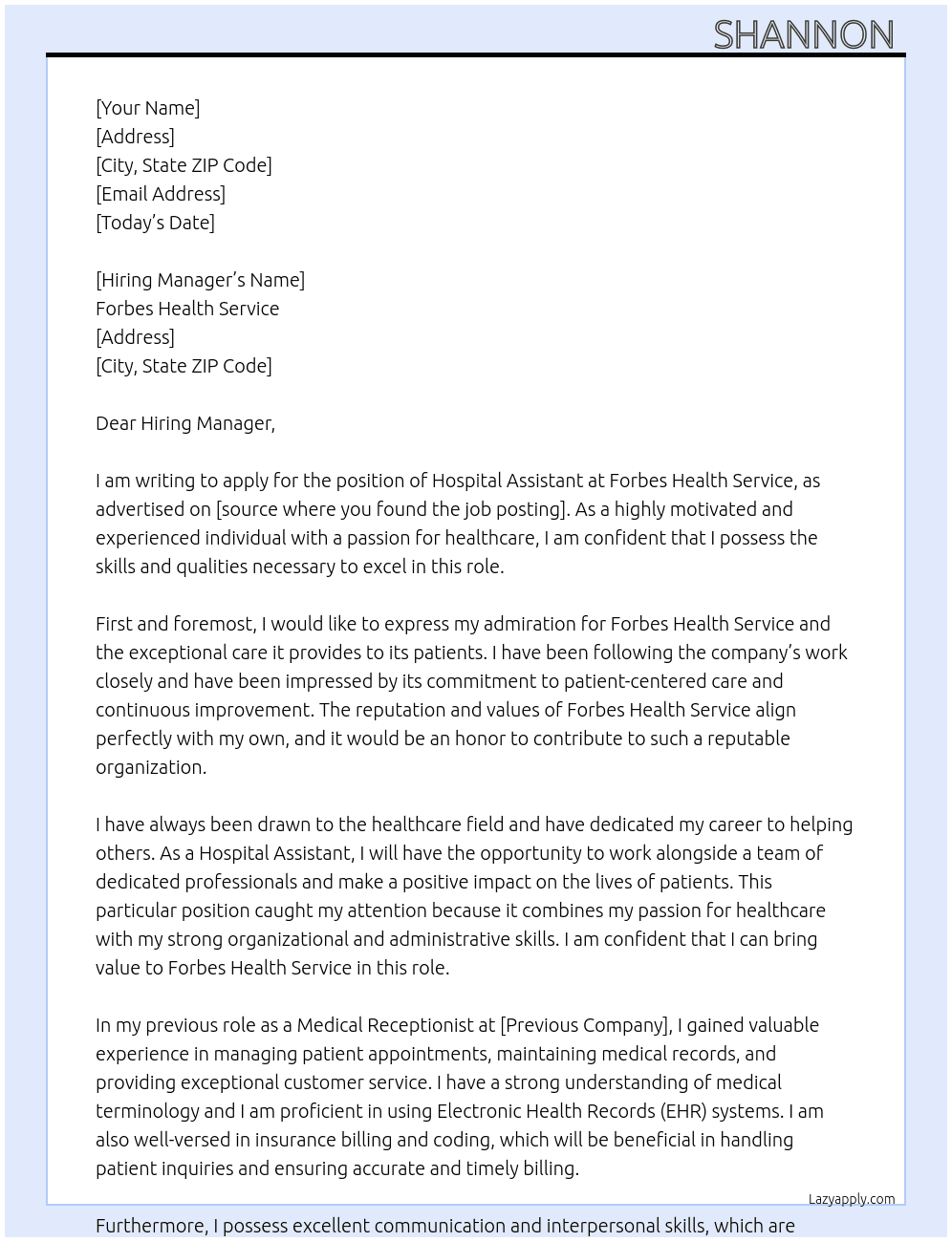 Cover letter for hospital assistant - LazyApply