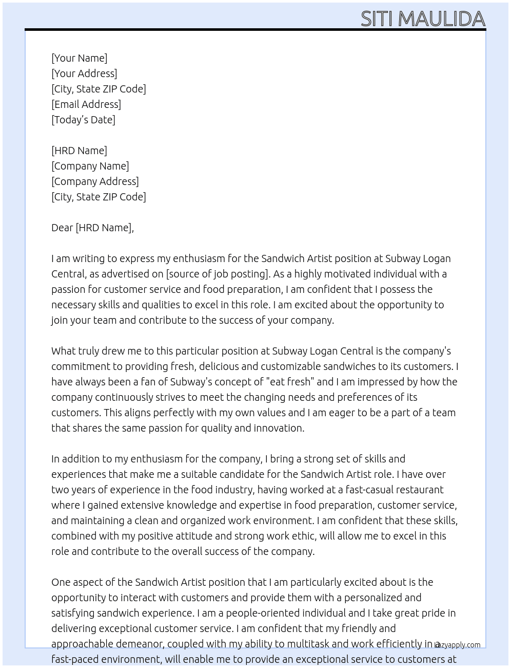 Sandwich Artist  At Subway Logan Central Cover Letter