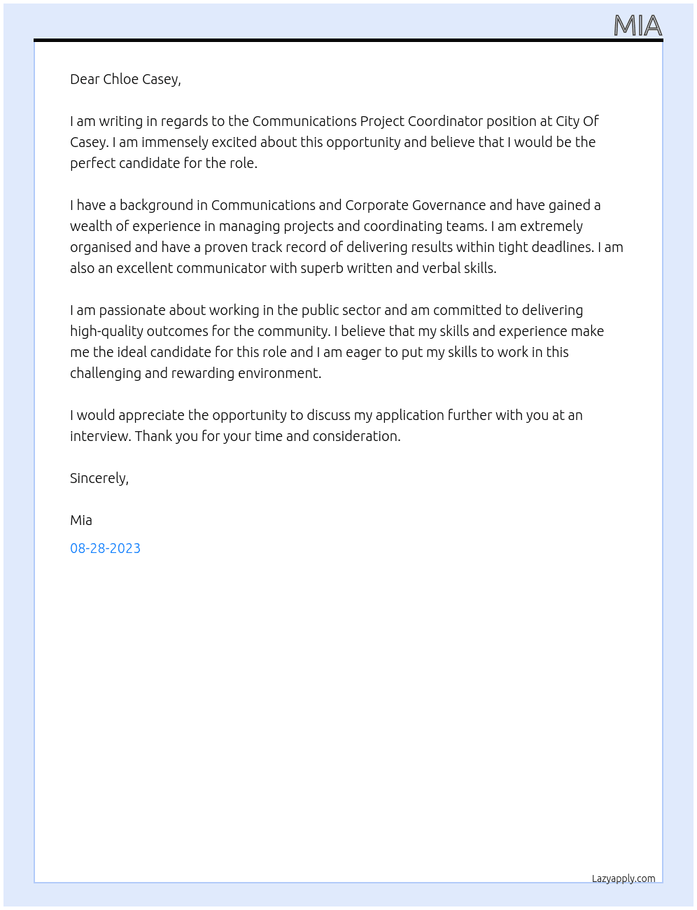 Communications Project Coordinator At City Of Casey Cover Letter