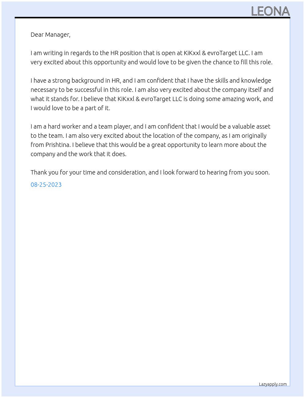 HR At KiKxxl & evroTarget LLC Cover Letter