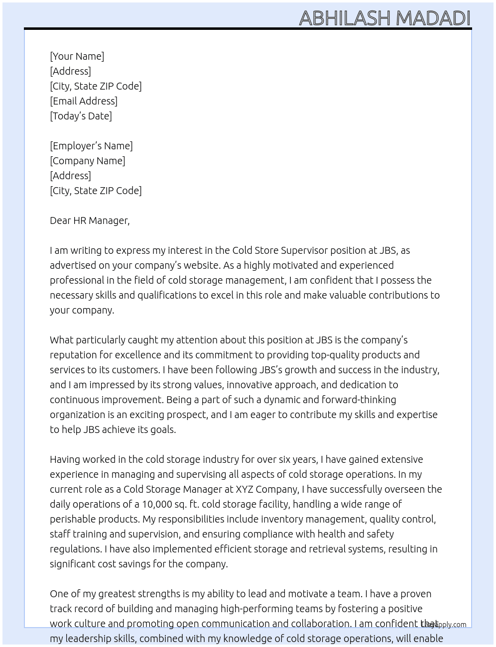 Cold store supervisor  At JBS Cover Letter