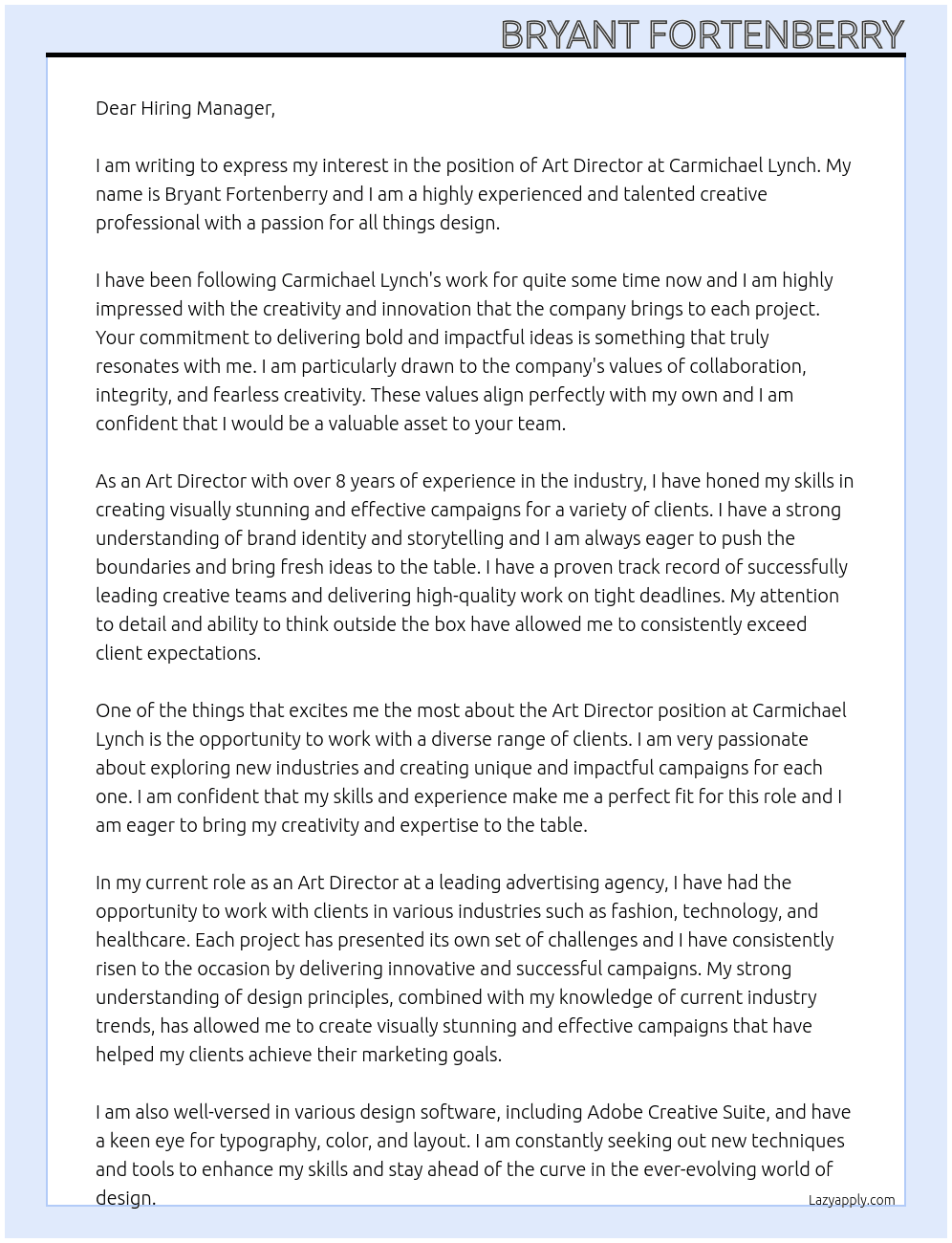 Art Director At Carmichael Lynch Cover Letter