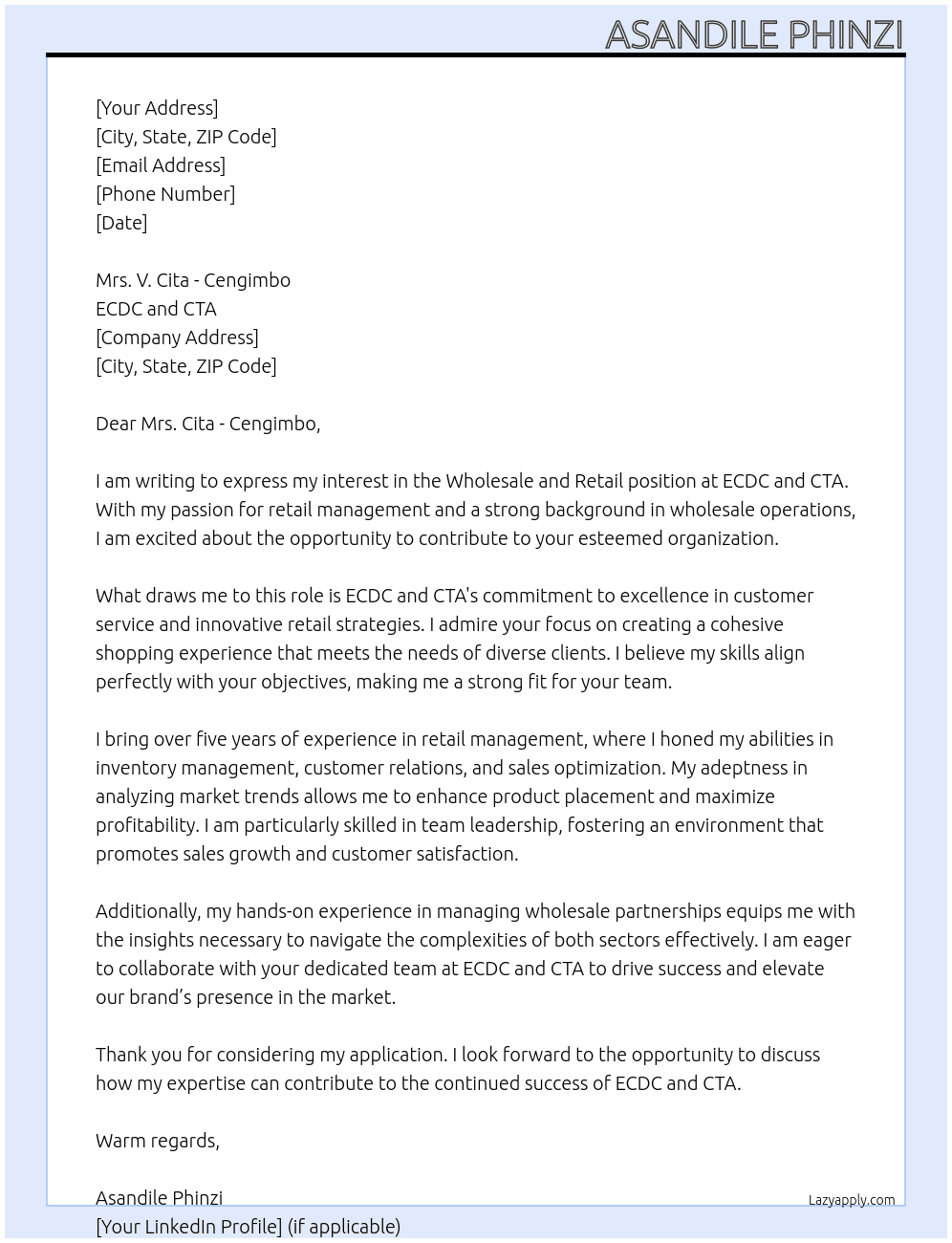Wholesale and retail At ECDC and CTA Cover Letter