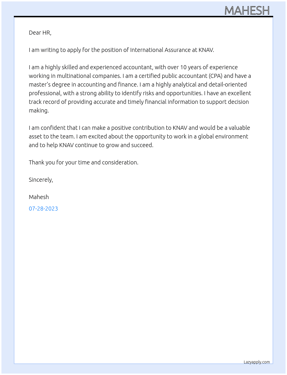 International assurance  At KNAV Cover Letter