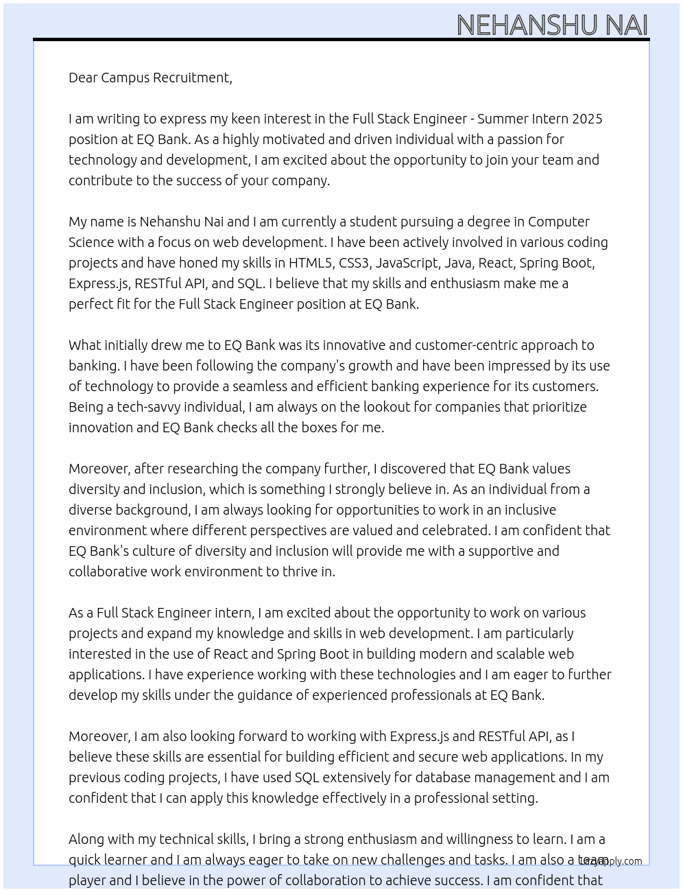 Full Stack Engineer - Summer Intern 2025 At EQ Bank  Cover Letter