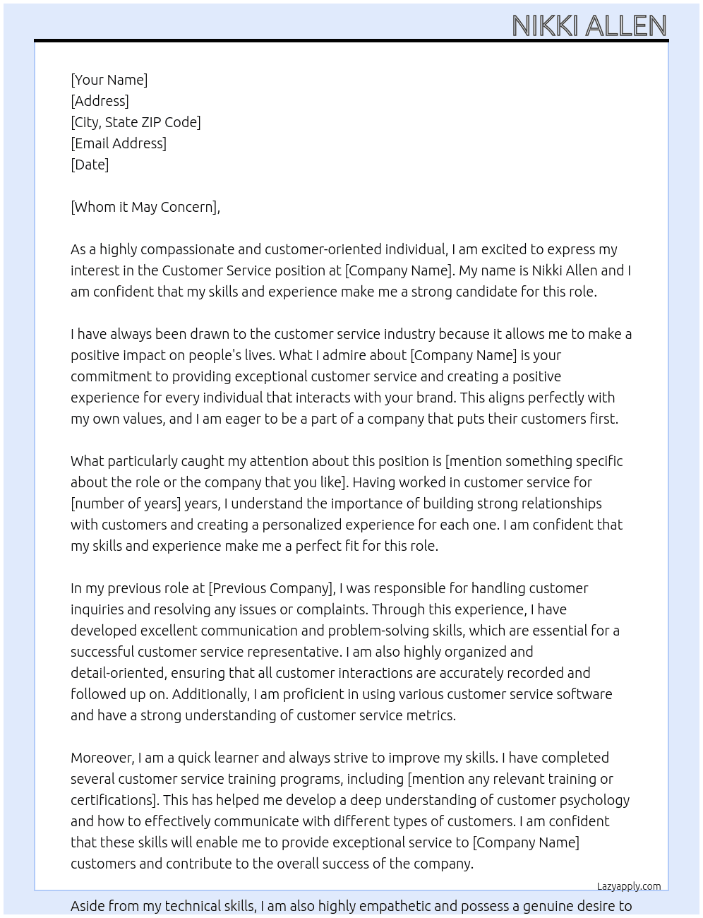 Customer Service At Generic Cover Letter