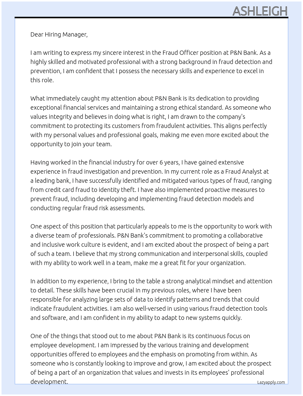fraud officer At P&N Bank Cover Letter