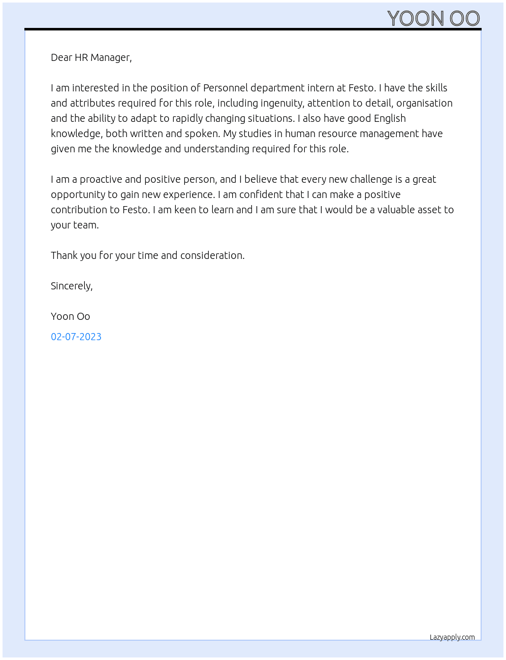 Personnel department interns  At Festo Cover Letter
