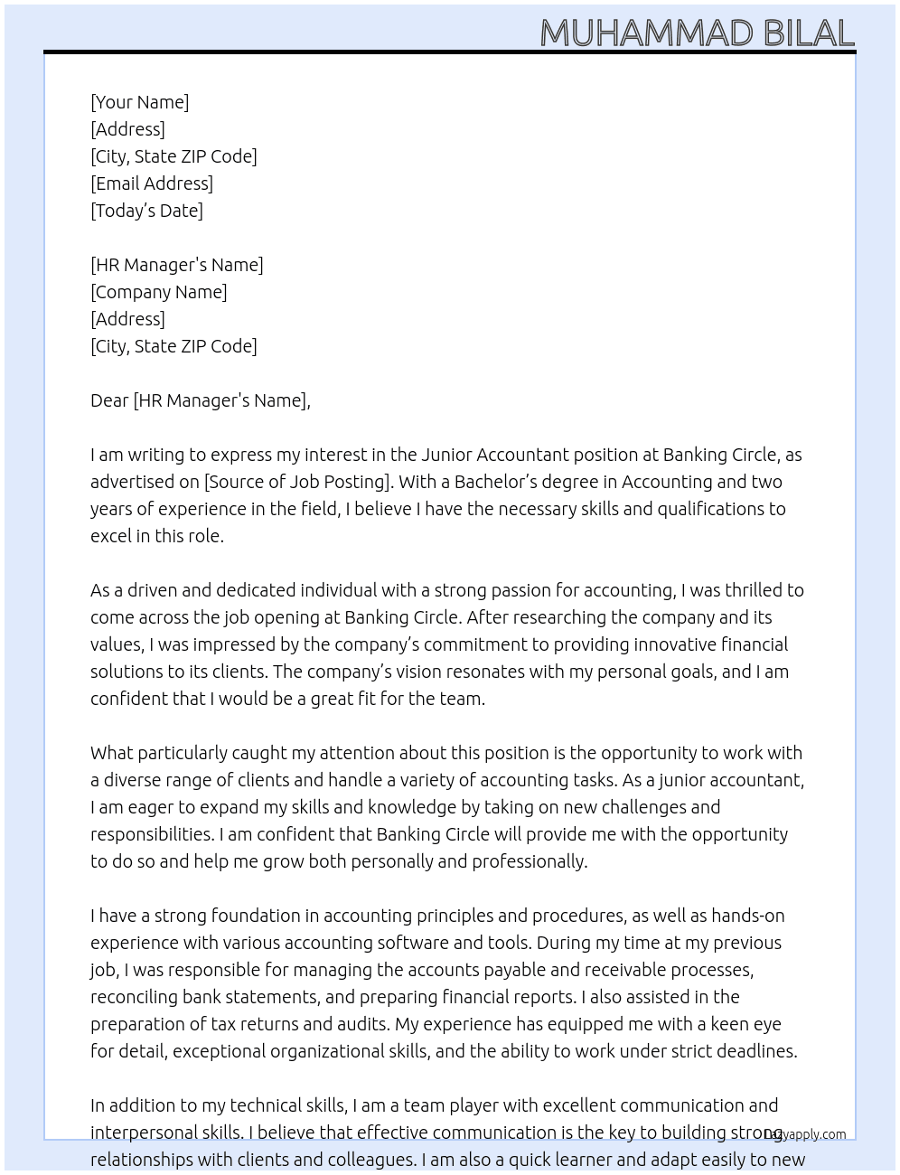 Junior accountant At Banking circle  Cover Letter