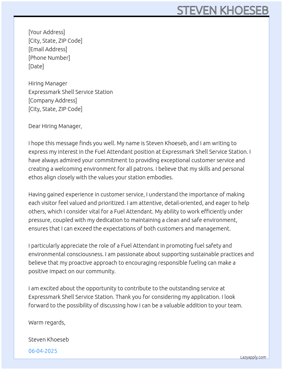Fuel Attentant At Expressmark Shell Service Station Cover Letter