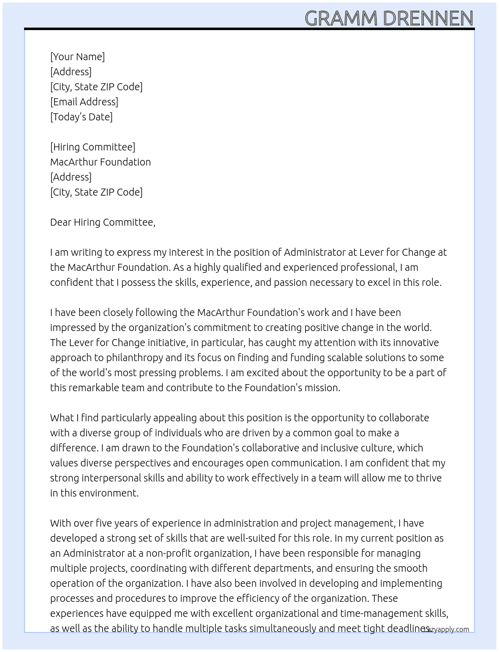 Administrator, Lever for Change At MacArthur Foundation Cover Letter