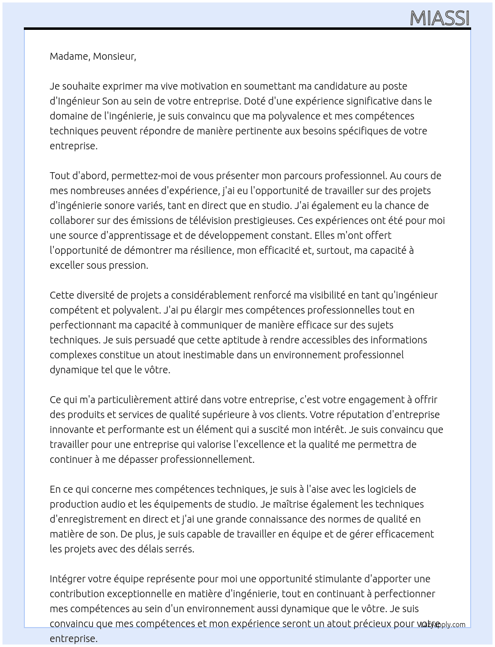CANDIDATURE POUR INGÉNIEUR SON At ingénieur son  Cover Letter