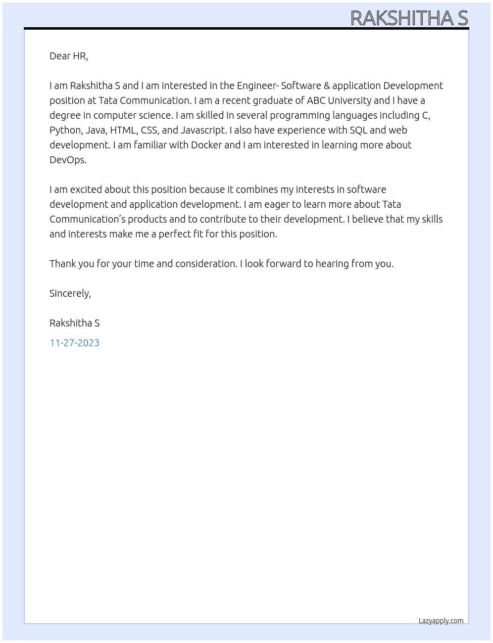 Engineer- Software & application Development At Tata Communication Cover Letter