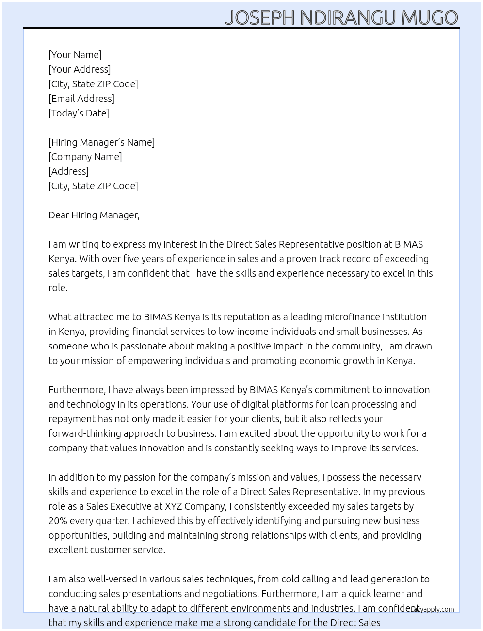 Direct sales representative At BIMAS Kenya Cover Letter