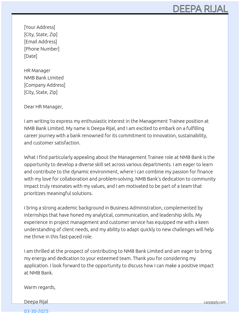 management trainee At NMB Bank Limited Cover Letter
