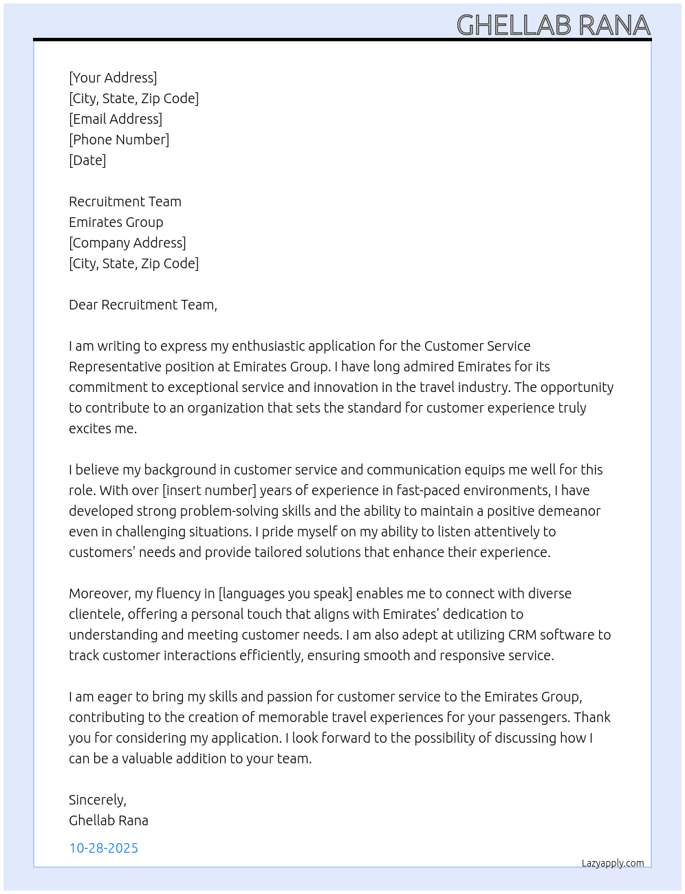 Customer Service Representative At Emirates Group Cover Letter