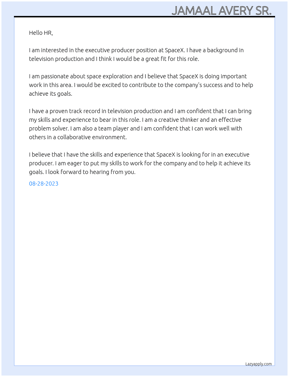 Executive Producer  At SpaceX Cover Letter