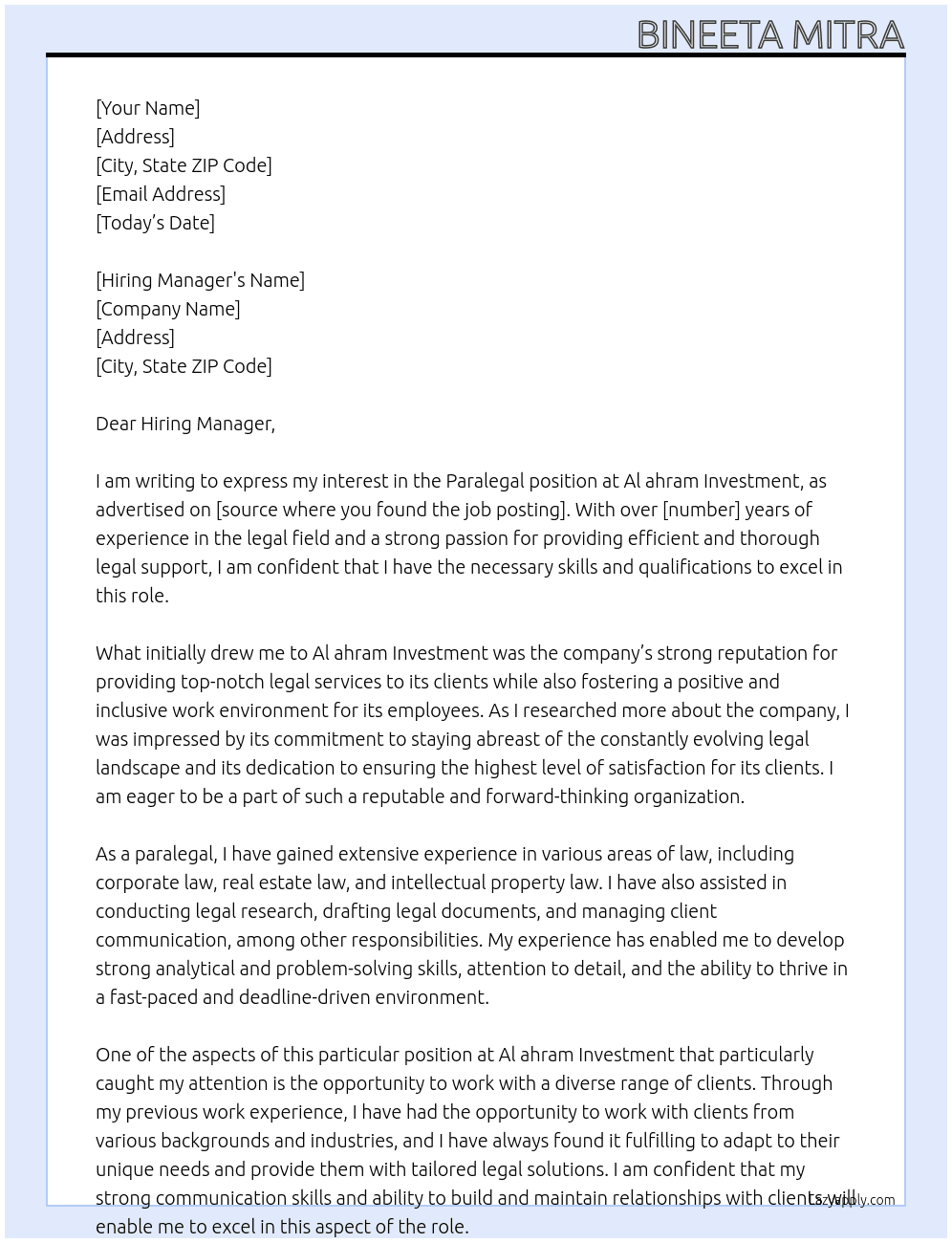 Paralegal At Al ahram Investment Cover Letter