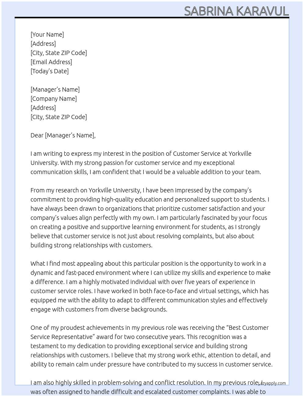 Customer Service At Yorkville University  Cover Letter