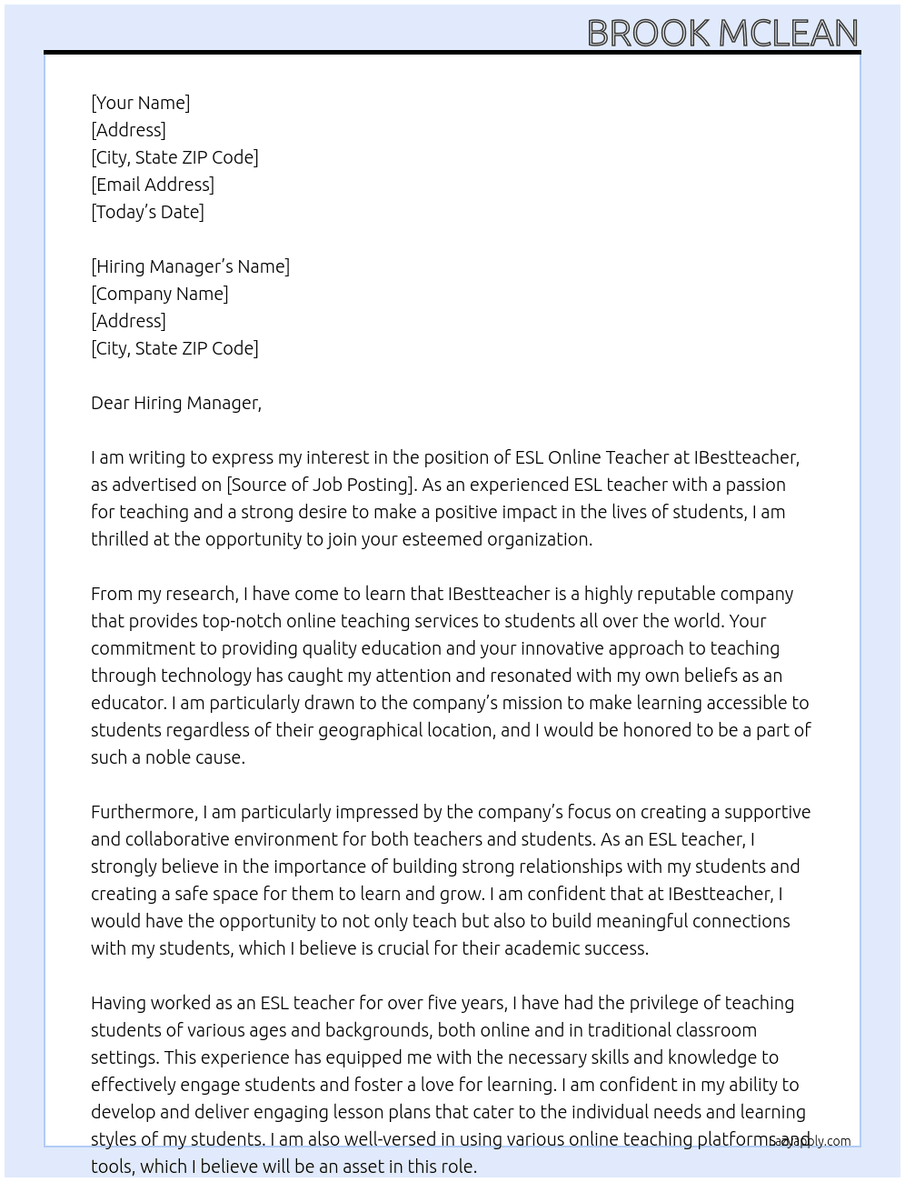 ESL Online Teacher At IBestteacher Cover Letter