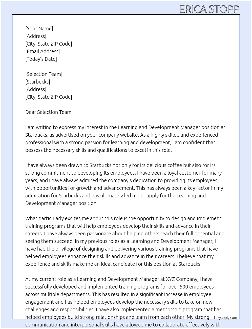 learning and development manager At Starbucks Cover Letter