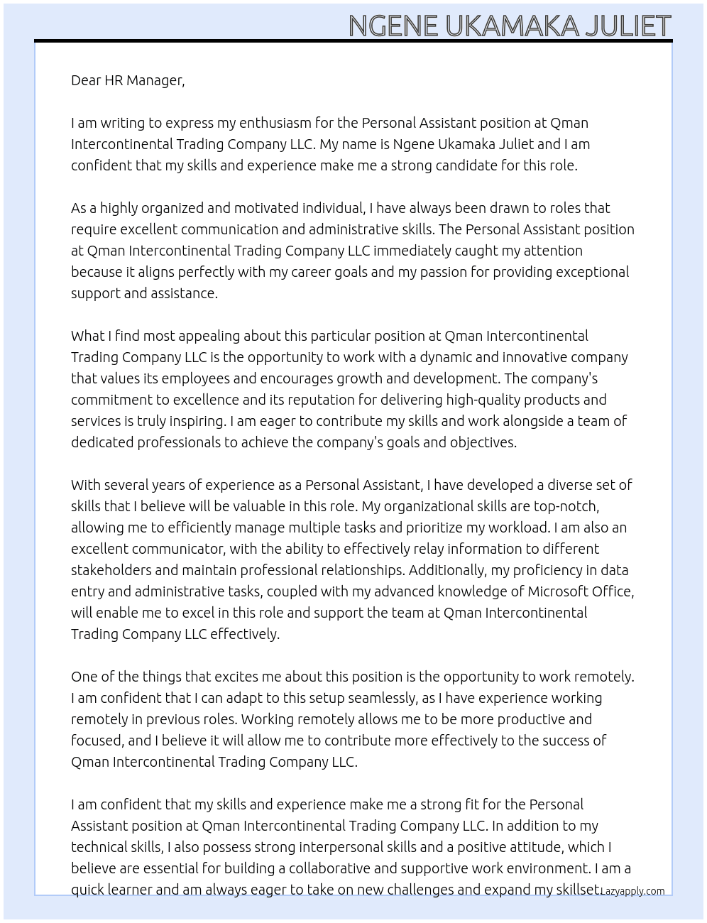 Personal assistant At  Qman Intercontinental Trading Company LLC Cover Letter