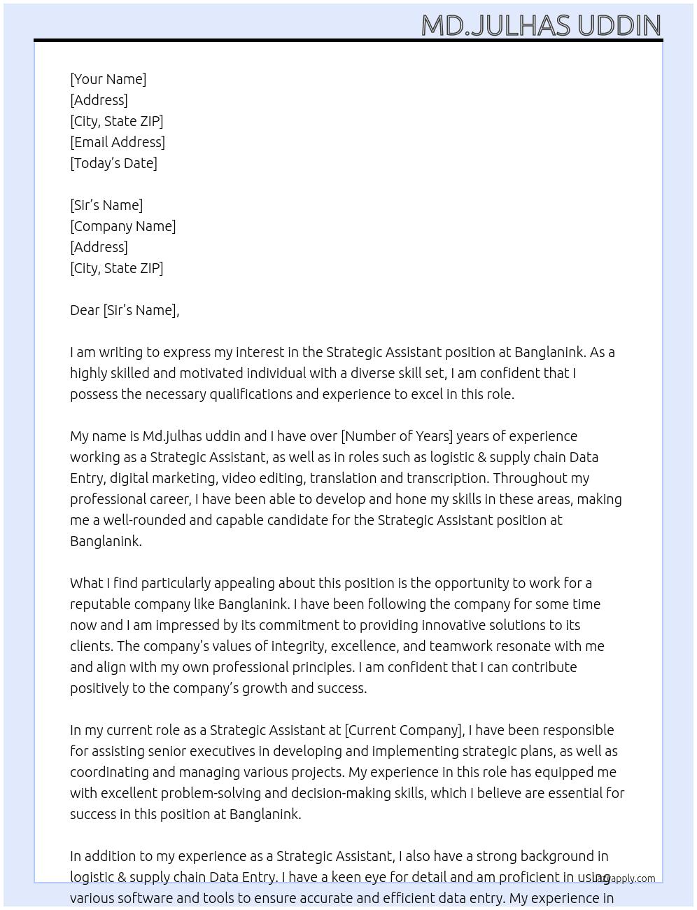 Strategic Assistant At Banglanink Cover Letter
