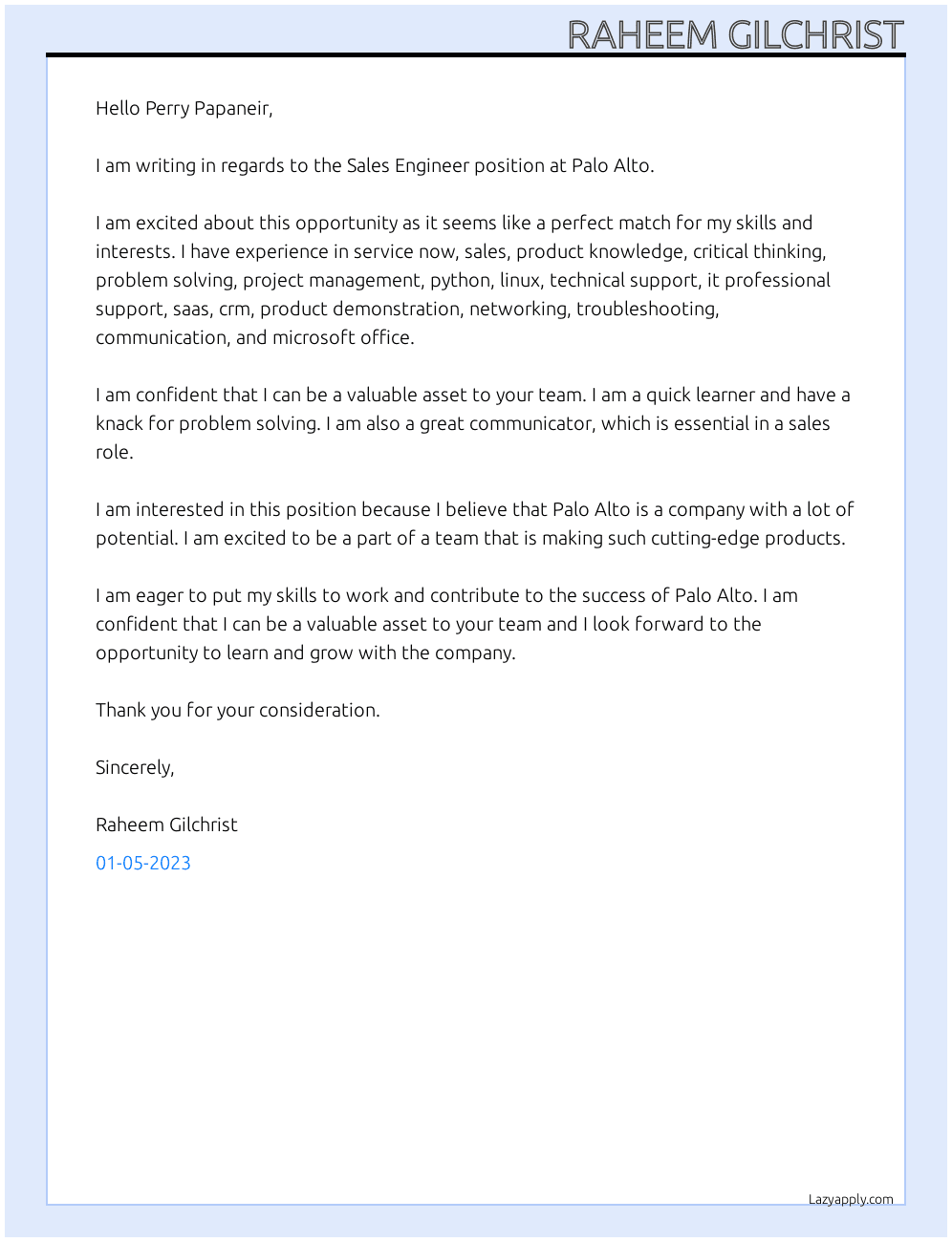 sales engineer At Palo Alto Cover Letter
