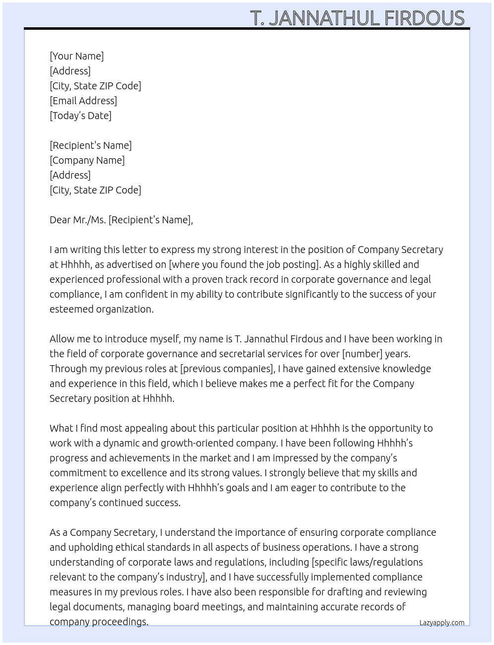 Company Secretary  At Hhhhh Cover Letter