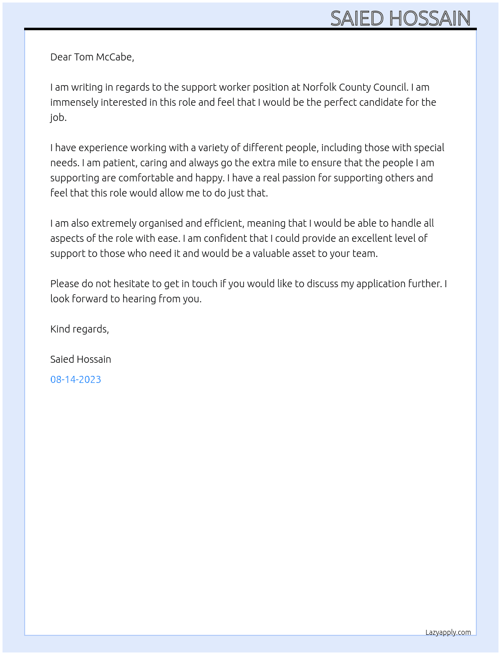 support worker At Norfolk County Council Cover Letter