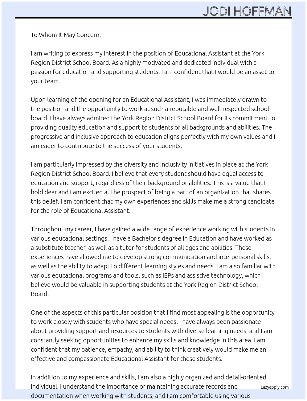 Educational Assistant At York Region District School Board Cover Letter