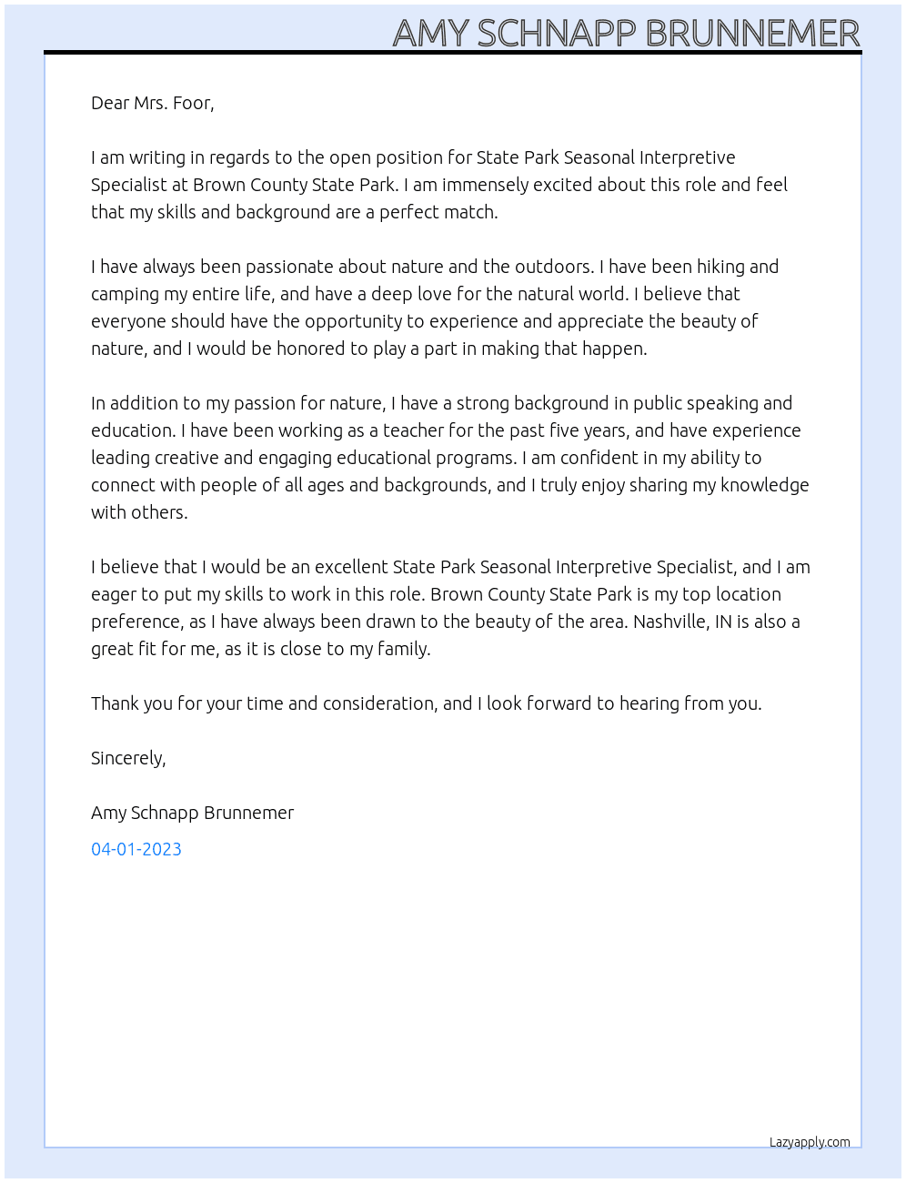 State Park Seasonal Interpretive Specialist At Brown County State Park Cover Letter