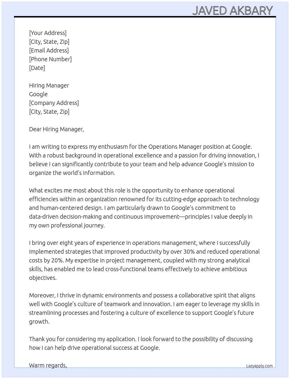 Operations Manager At Google  Cover Letter