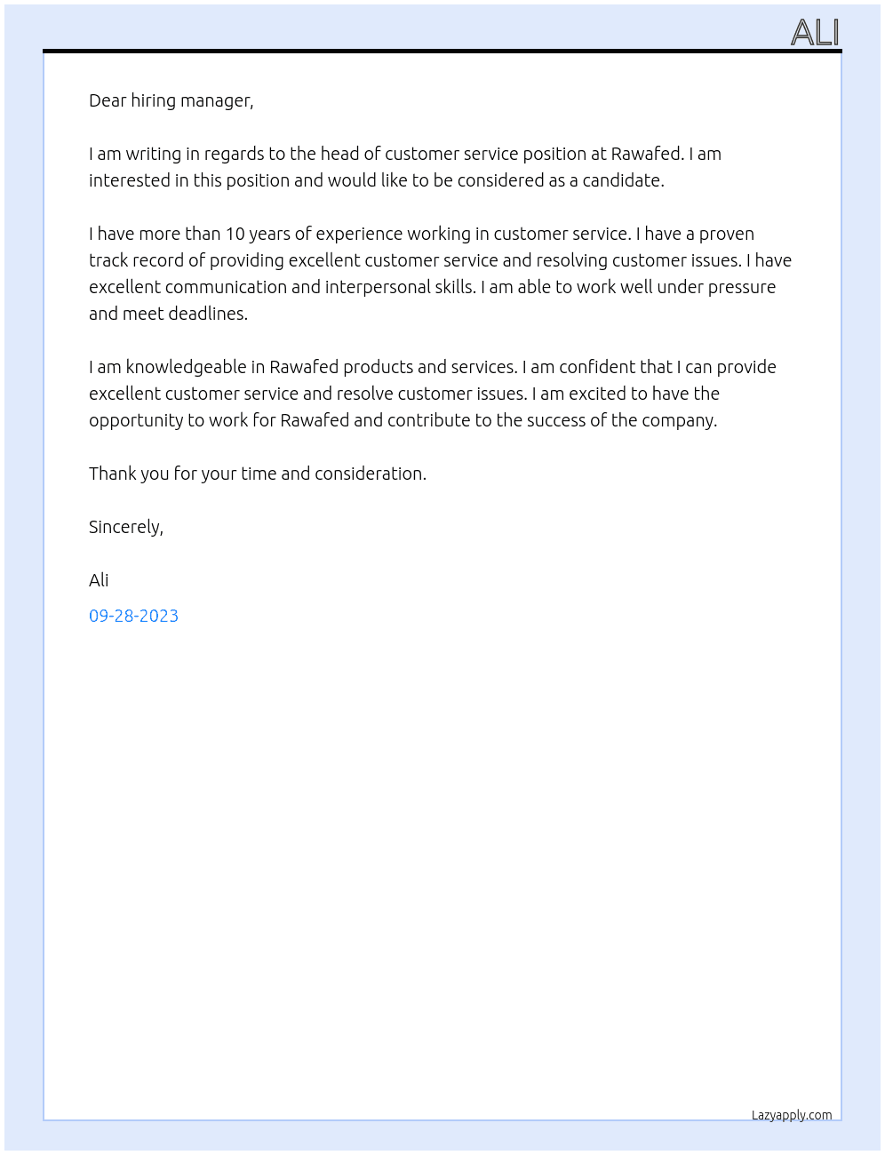 Head of customer service  At Rawafed Cover Letter