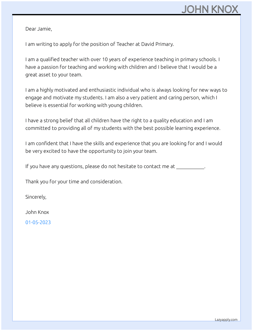 Teacher At David Primary Cover Letter