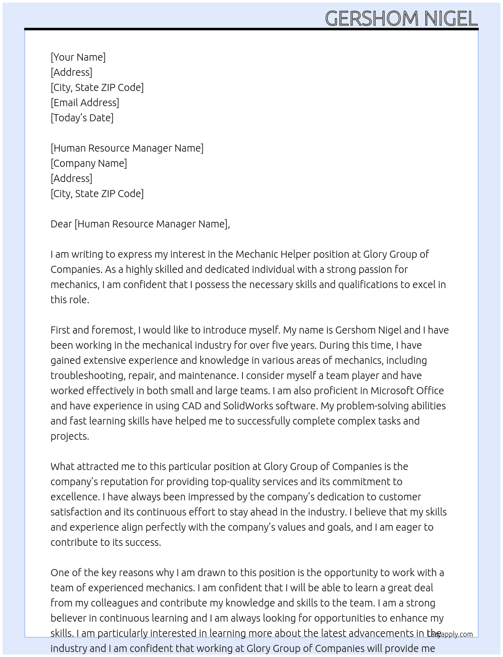 Mechanic Helper At Glory Group of Companies  Cover Letter