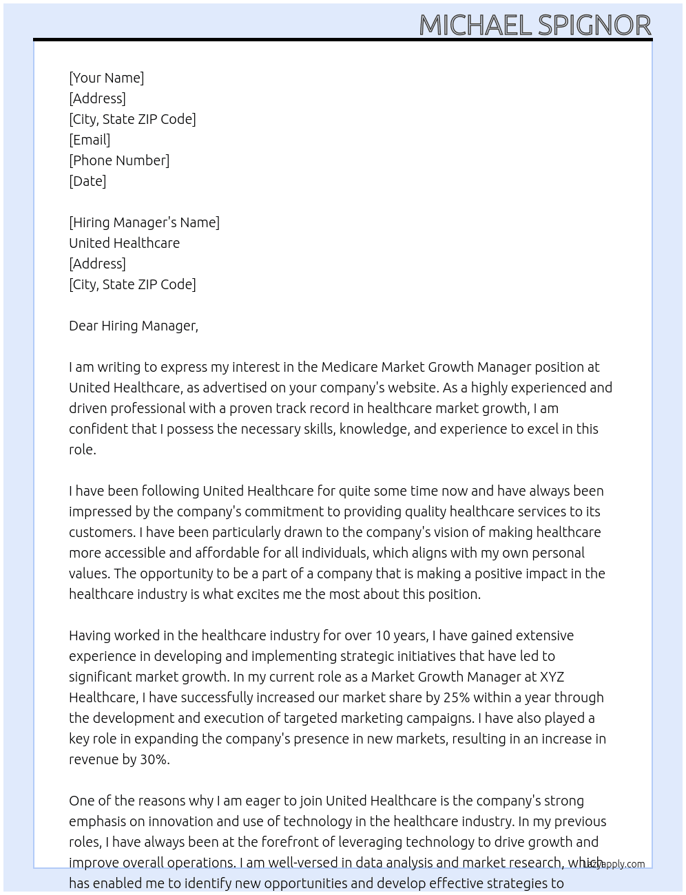 Medicare Market Growth Manager At United Healthcare Cover Letter